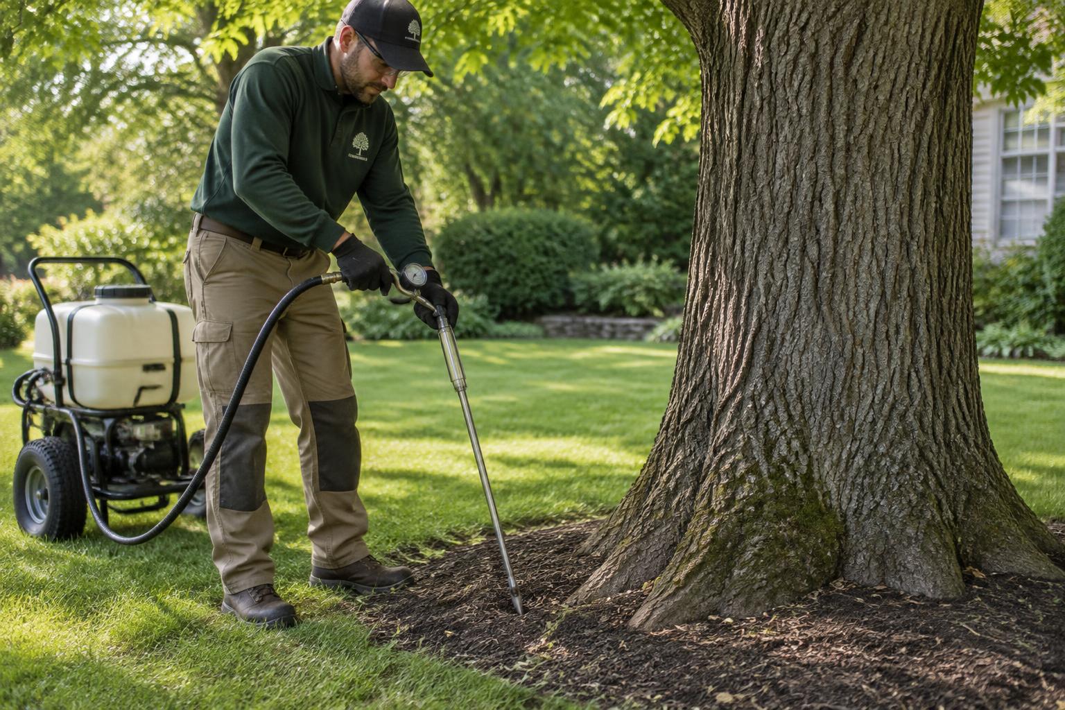 Arborist injecting liquid fertilizer into a tree's root zone