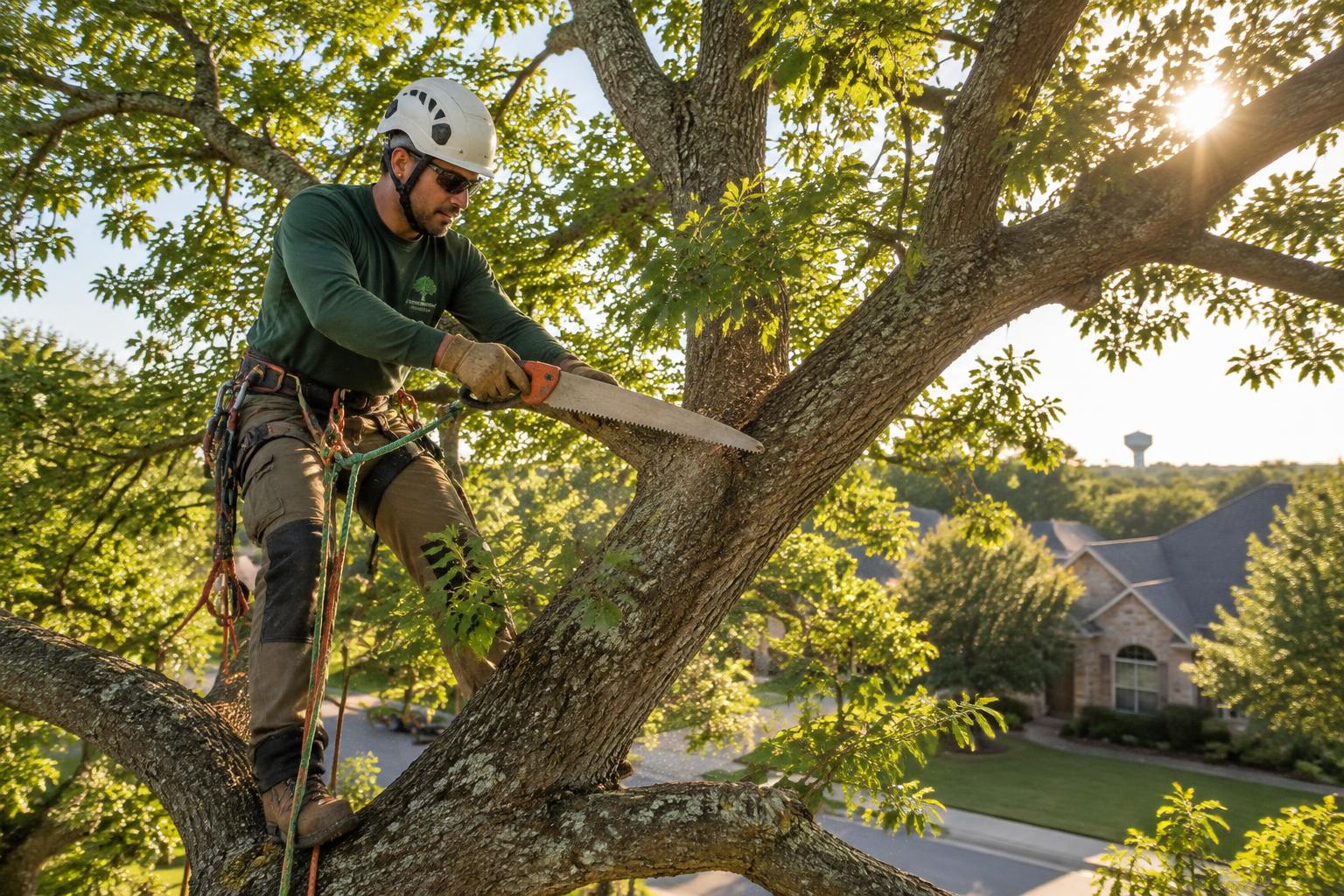Arborist inspecting the trunk and root zone of an oak tree in autumn